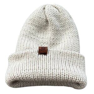 Rad Randalls Soft Knit Slouchy Cream Beanie Brown Leather Logo Tag - One Size